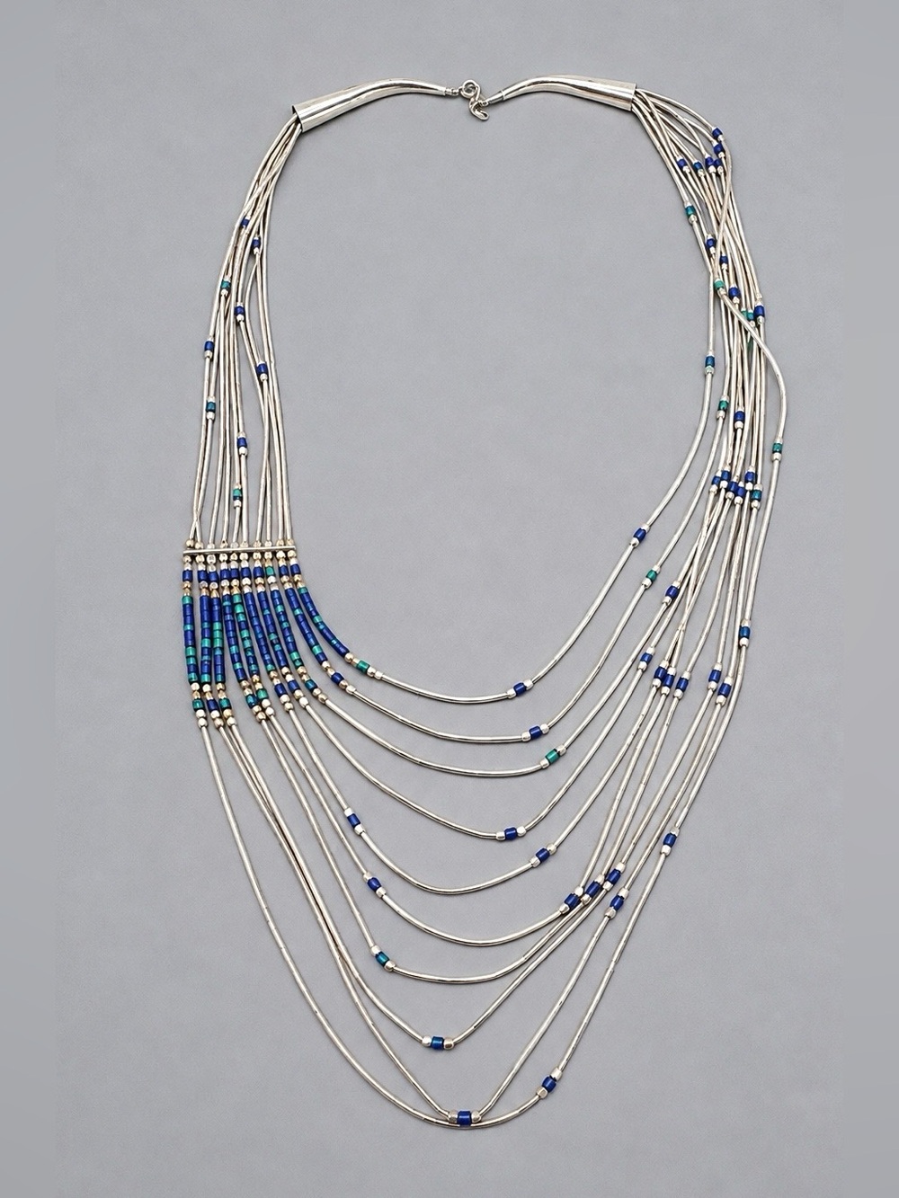 Native American Sterling Liquid Silver Faux Azurite Heishi Multi Strand Necklace